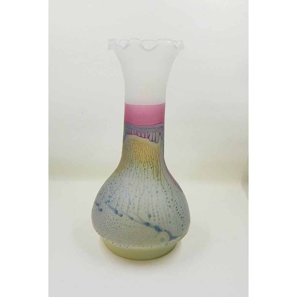 Rueven Art Glass Watercolor Drip Hand Painted Satin Bud Vase Ruffle Top 9 Inch